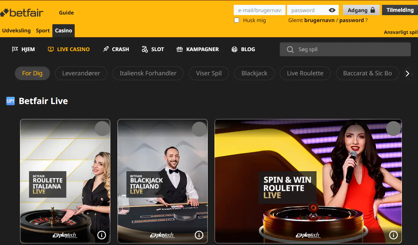 Betfair casino med spilvært i Danmark – roulette, blackjack og baccarat