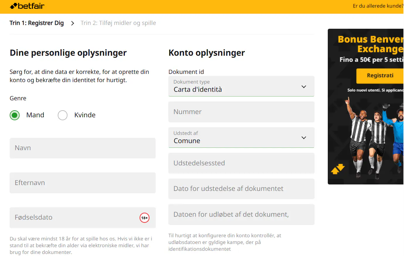 Autentisk Betfair Danmark registrering, MitID-kontrol eller KYC-trin