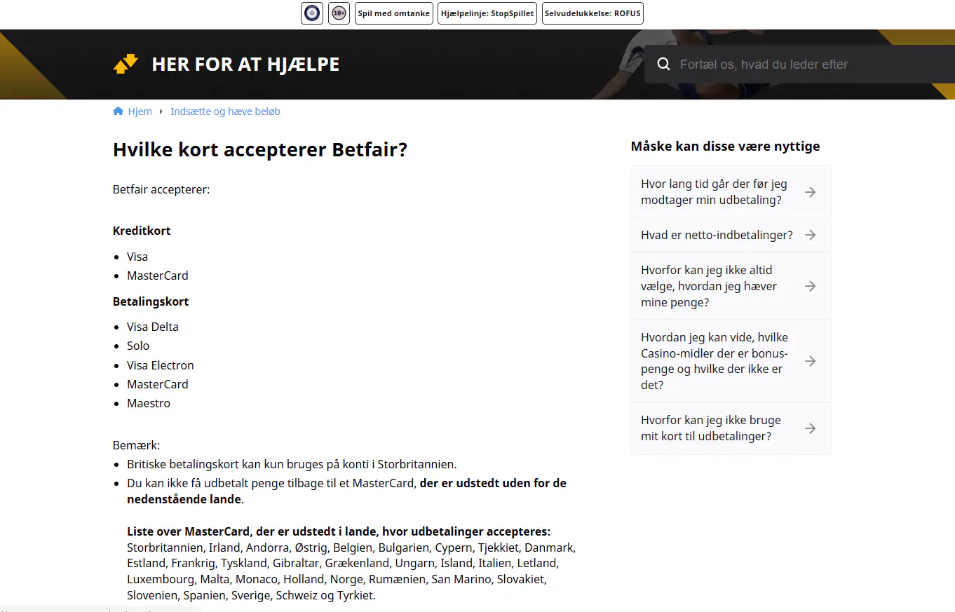 Betfair betalingsmetoder Danmark – indbetaling og betalingsregler