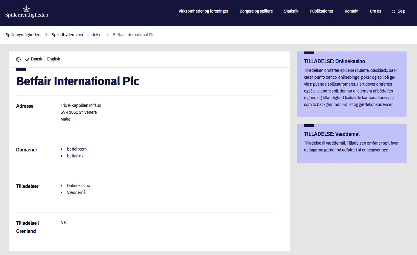 Spillemyndighedens registerpost for Betfair International Plc